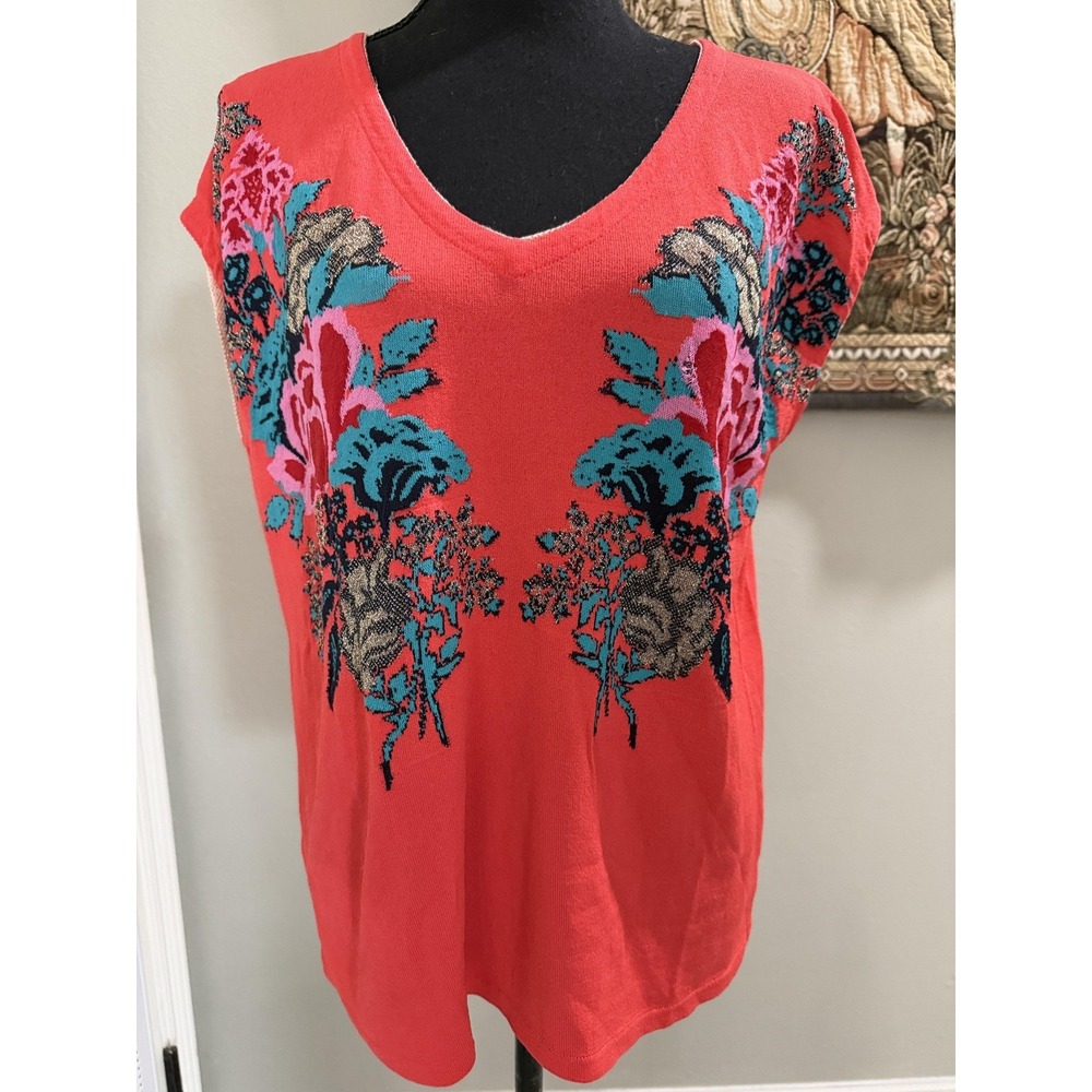 Aldomartins Shirt Womens Large Red Floral Knit V Neck Cap Sleeve Top Barcelona